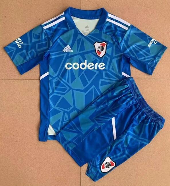 River Plate 2022/23 Goalkeeper Blue Kids Soccer Jersey Kit Children Shirt + Shorts