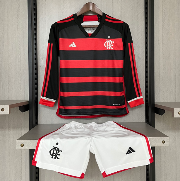 CR Flamengo 2025/26 Home Kids Long Sleeved Soccer Kits Children Shirt + Shorts