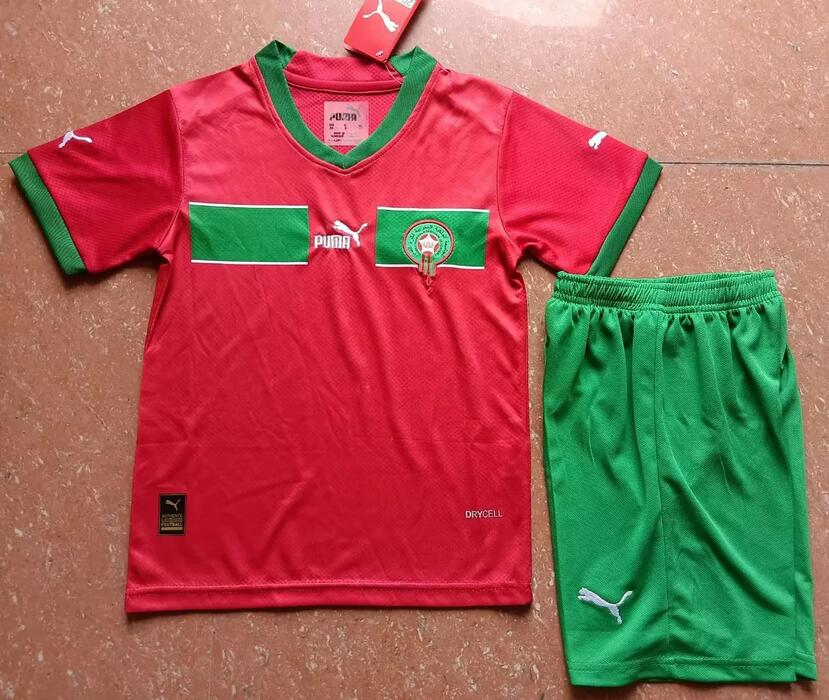 Morocco 2022 World Cup Home Kids Soccer Kit Children Shirt And Shorts