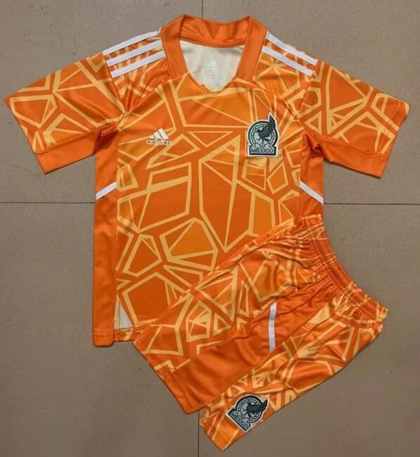 Mexico 2022 World Cup Goalkeeper Orange Kids Soccer Kit Children Shirt And Shorts