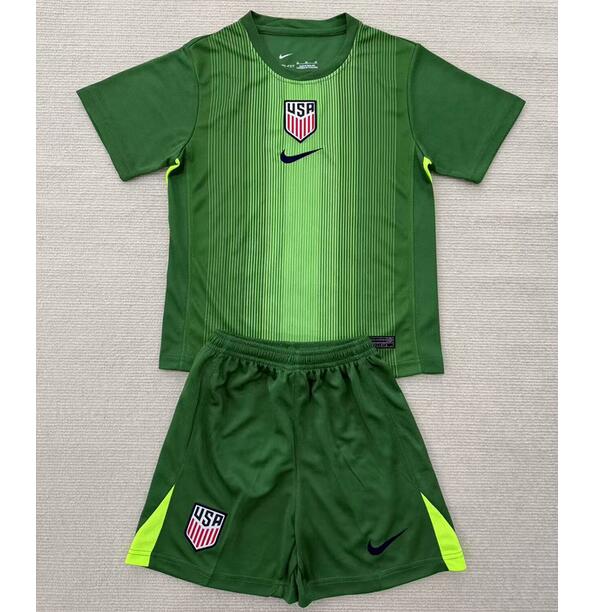 USA 2025/26 Goalkeeper Kids Green Soccer Team Kit Children Shirt + Shorts