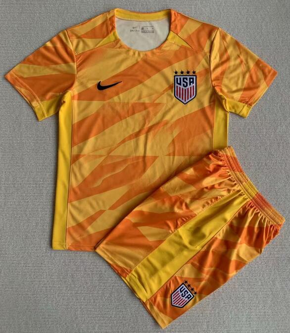 USA 2023/24 Goalkeeper Kids Orange Soccer Jersey Kit Children Shirt + Shorts