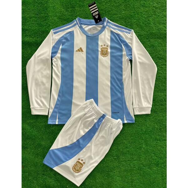 Argentina 2024/25 Kids Home Long Sleeved Soccer Kit Children Shirt And Shorts Kids