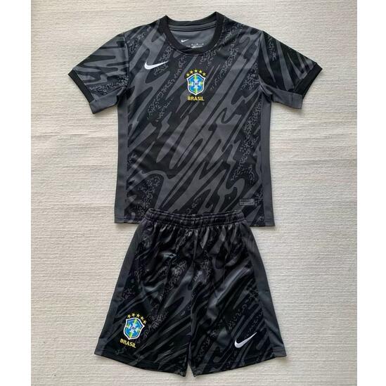 Brazil 2024/25 Goalkeeper Kids Black Soccer Team Kit Children Shirt And Shorts