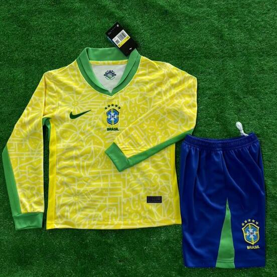 Brazil 2024/25 Home Kids Long Sleeved Soccer Team Kit Children Shirt And Shorts