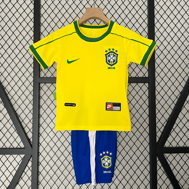 Brazil 1998 Home Retro Kids Soccer Kit Children Shirt + Shorts