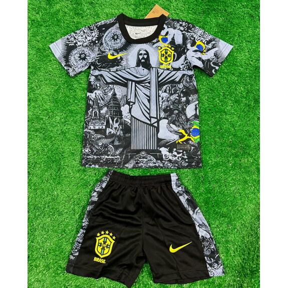 Brazil 2024/25 Special Kids Black Soccer Team Kit Children Shirt And Shorts