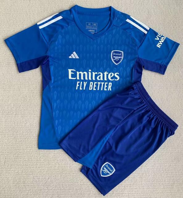 Arsenal 2023/24 Goalkeeper Kids Blue Soccer Team Kit Children Shirt and Shorts