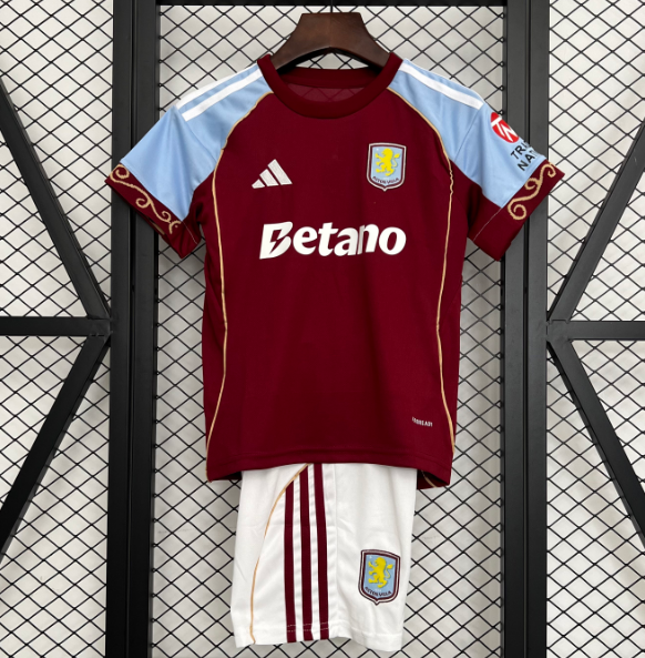 Aston Villa 2025/26 Home Kids Soccer Kit Children Shirt + Shorts