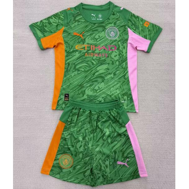 Manchester City 2025/26 Goalkeeper Kids Green Soccer Kit Children Shirt + Shorts