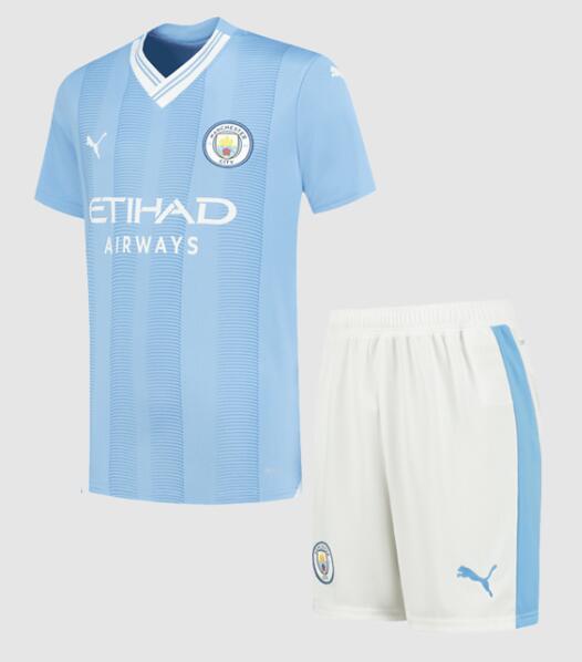 Manchester City 2023/24 Home Kids Soccer Kit Children Shirt + Shorts