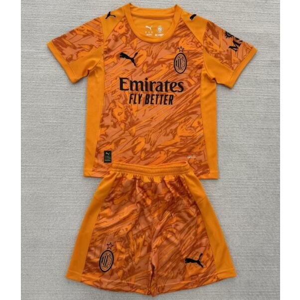 AC Milan 2025/26 Goalkeeper Kids Orange Soccer Kits Children Shirt + Shorts