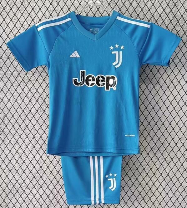 Juventus 2023/24 Goalkeeper Kids Blue Soccer Team Kit Children Shirt + Shorts
