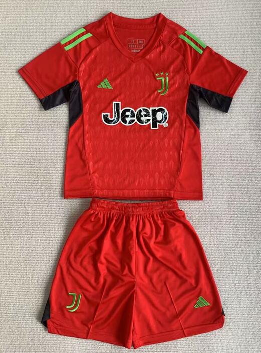 Juventus 2023/24 Goalkeeper Kids Red Soccer Team Kit Children Shirt + Shorts
