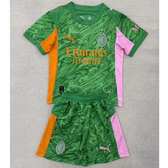 AC Milan 2025/26 Goalkeeper Kids Green Soccer Kits Children Shirt + Shorts
