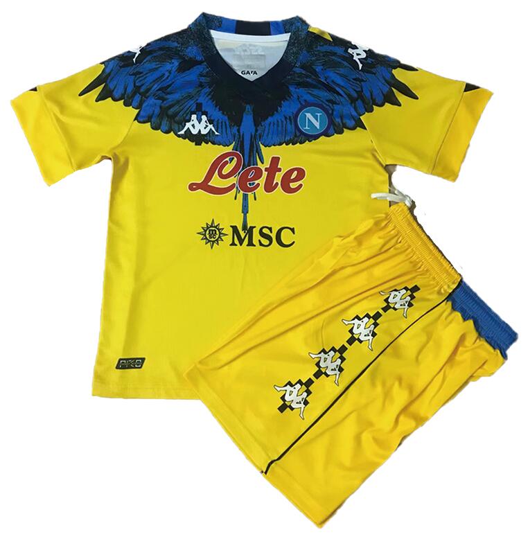 Napoli 2021/22 Special Kids Soccer Yellow Kit Children Shirt and Shorts