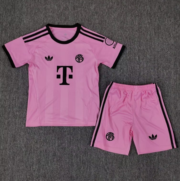 Bayern Munich 2025/26 Goalkeeper Pink Kids Soccer Team Kit Children Shirt + Shorts