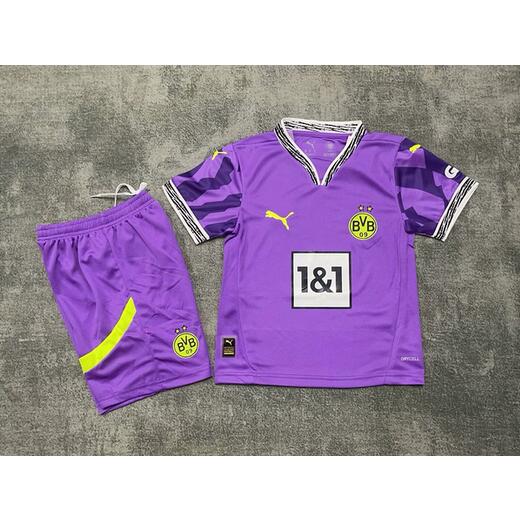 Borussia Dortmund 2024/25 Goalkeeper Kids Purple Soccer Kit Children Shirt + Shorts