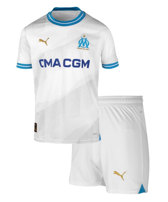 Olympique de Marseille 2023/24 Home Kids Soccer Kit Children Shirt And Shorts