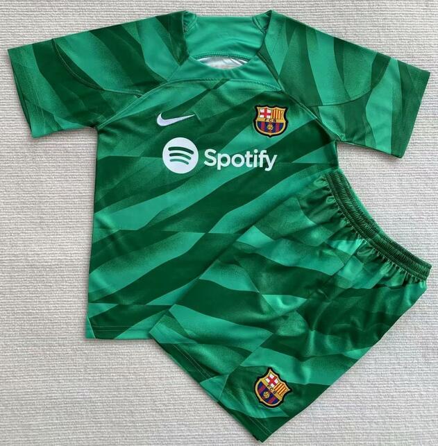 Barcelona 2023/24 Goalkeeper Kids Green Soccer Kits Children Shirt + Shorts