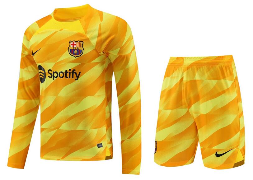Barcelona 2023/24 Goalkeeper Yellow Long Sleeved Soccer Uniforms (Shirt+Shorts)