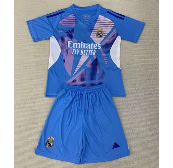 Real Madrid 2024/25 Goalkeeper Blue Kids Soccer Kits Children Shirt + Shorts