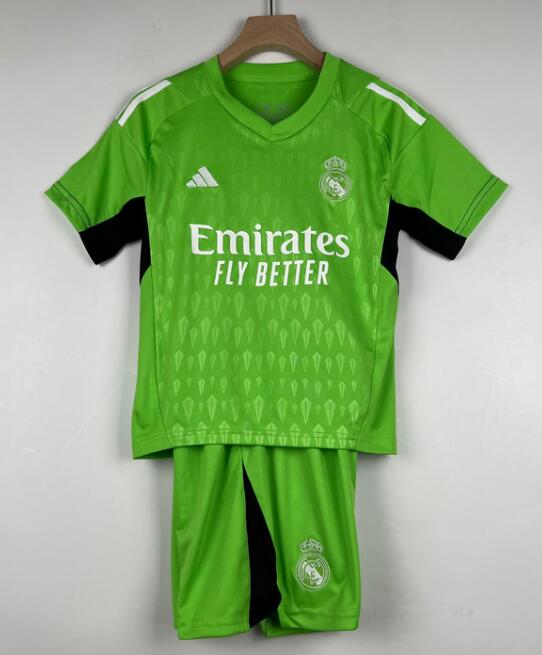 Real Madrid 2023/24 Goalkeeper Kids Green Soccer Kits Children Shirt + Shorts