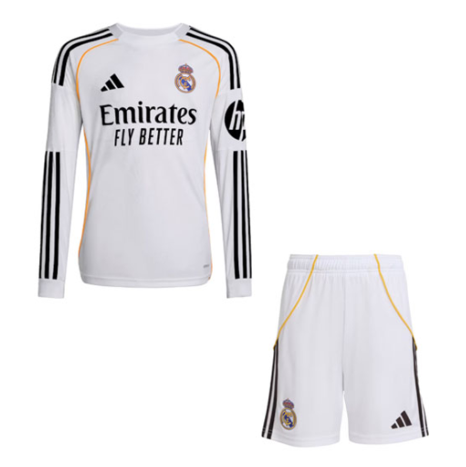 Real Madrid 2025/26 Home Kids Long Sleeve Soccer Kits Children Shirt + Shorts