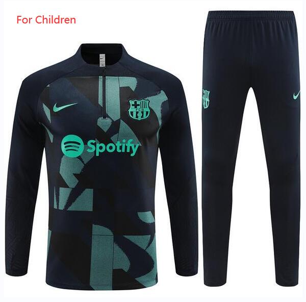 Kids Barcelona 2023/24 Navy Green Training Suits (Sweatshirt+Trouser)
