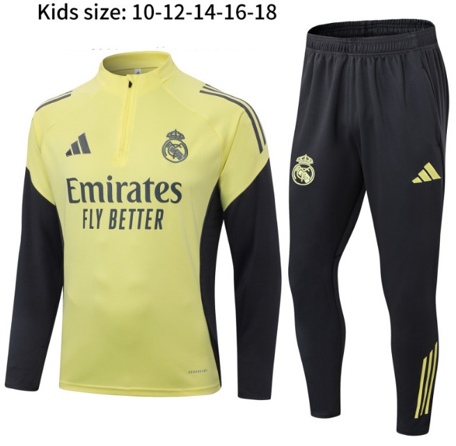 Real Madrid 2025/26 Kids Yellow Black Training Suits (Sweatshirt+Trouser)