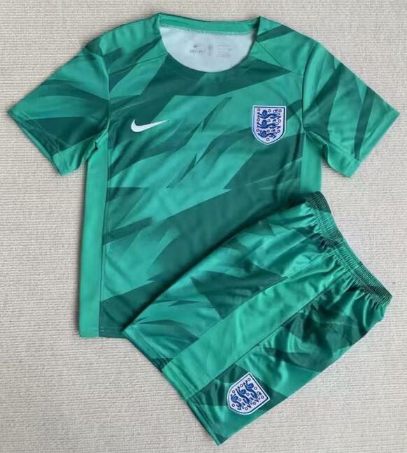 England 2023/24 Goalkeeper Kids Green Soccer Team Kit Children Shirt And Shorts