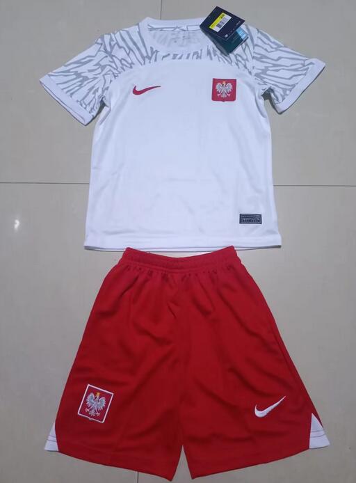 Poland 2022 World Cup Home Kids Soccer Kit Children Shirt And Shorts