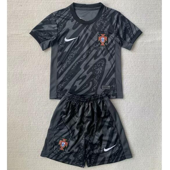 Portugal 2024 Euro Cup Goalkeeper Kids Black Soccer Team Kit Children Shirt And Shorts