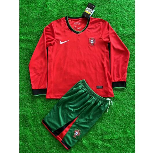 Portugal 2024 Euro Cup Home Long Sleeved Kids Soccer Team Kit Children Shirt And Shorts
