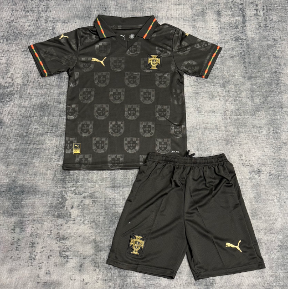 Portugal 2025 Special Kids Black Soccer Team Kit Children Shirt + Shorts