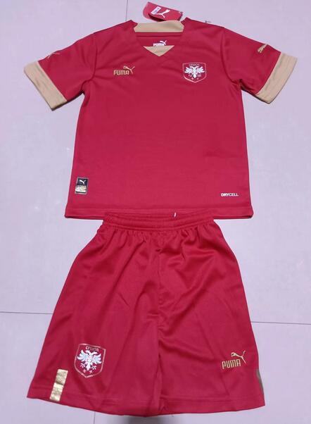 Serbia 2022 World Cup Home Kids Soccer Kit Children Shirt And Shorts