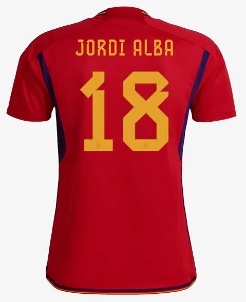 Spain 2022 World Cup Home 18 Jordi Alba Shirt Soccer Jersey