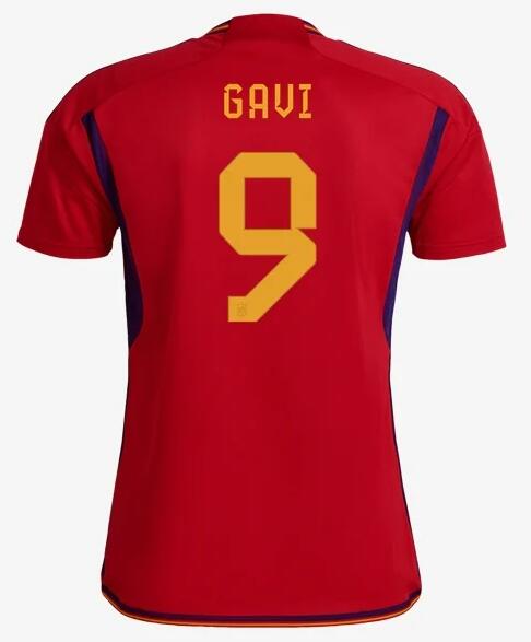 Spain 2022 World Cup Home 9 Gavi Shirt Soccer Jersey