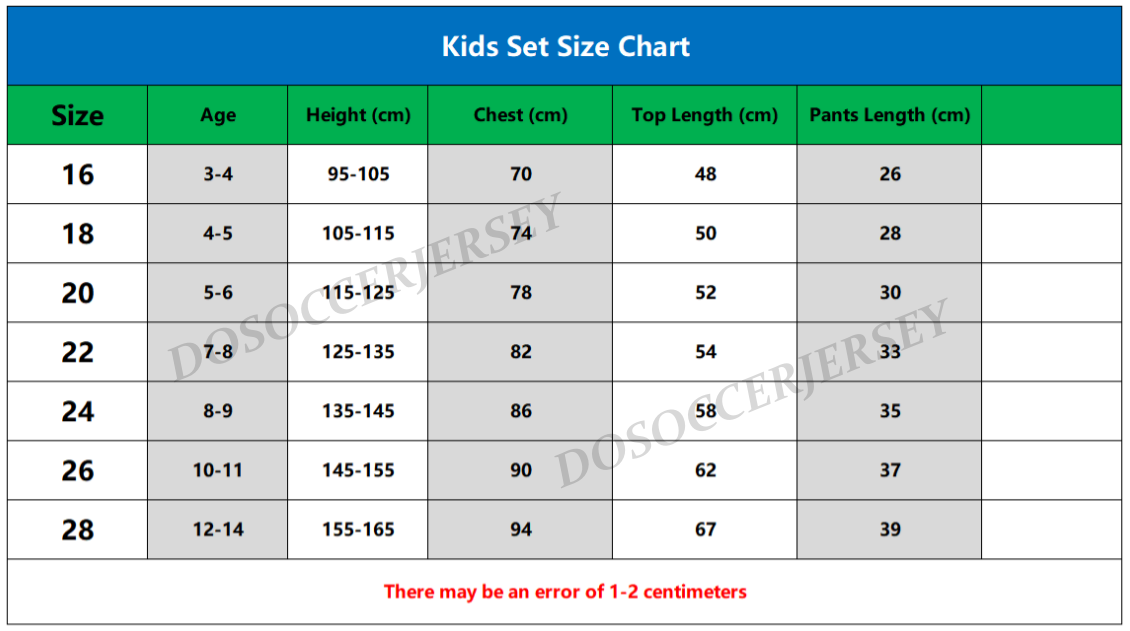 kids soccer uniforms size chart