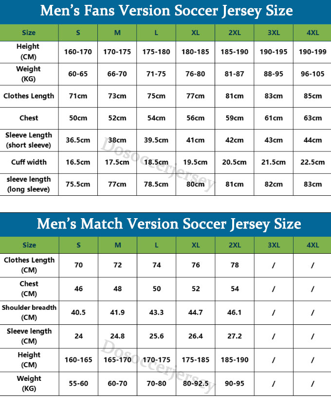 replica soccer jersey size chart