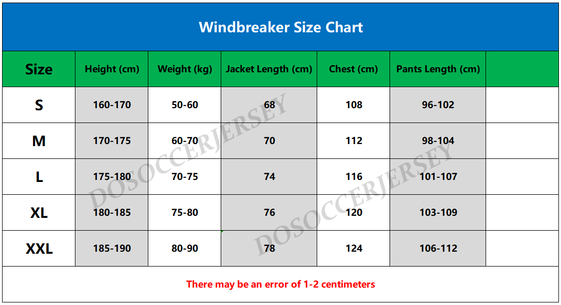 soccer windbreaker jacket size chart